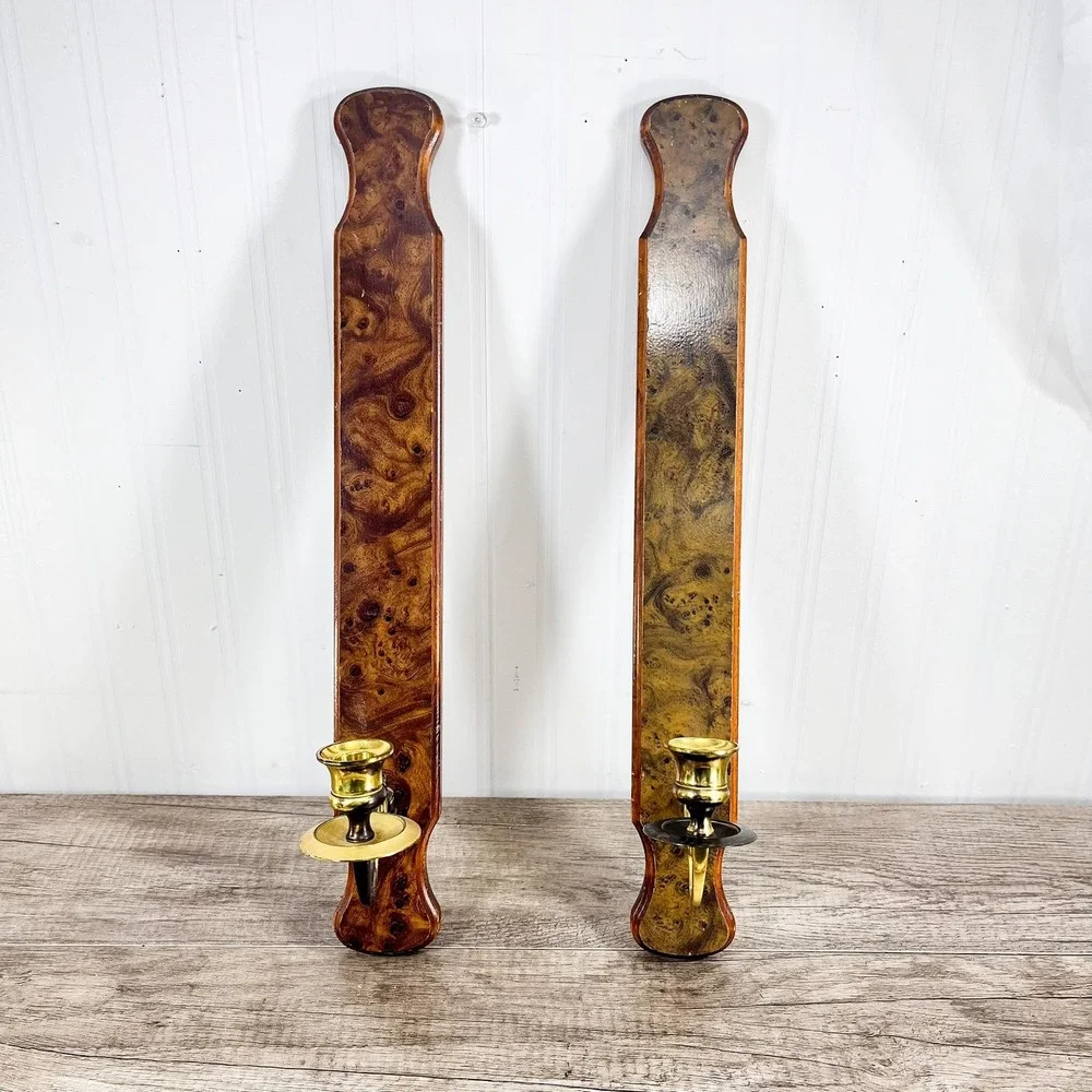 Vintage‎ Wood Wall Sconce Candleholder Set - Midcentury Modern Decor